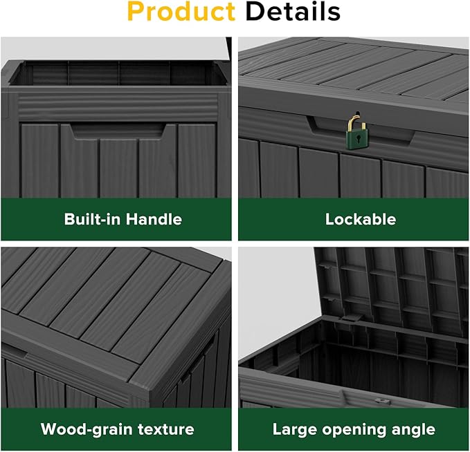 47 Gallon Outdoor Deck Box,Storage Lockable Waterproof Patio Furniture,Garden Tools,Cushions,Pool Accessories Outside Storage Resin Box(Black)