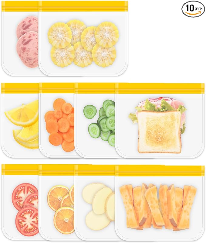 10 Pack Reusable Gallon Freezer Bags, Orange | Dishwasher Safe Silicone Food Snack Storage Bags with 3 Sizes for Snack, Sandwich, Lunch