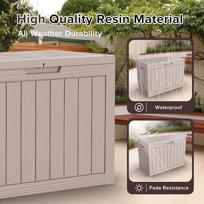 ROJIK Outdoor Storage Housing Deck Box - Waterproof Patio Furniture, Garden Tools, Cushions, Pool Accessories Storage Bench with Lockable Lid and Side Handles (Grey, 45 Gal)