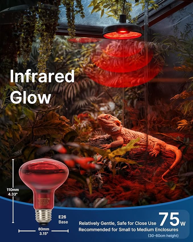 FLSNT 2 Pack Reptile Red Heat Lamp Bulbs, 75W Infrared Basking Spot Light for Turtles, Leopard Gecko, Ball Python, Bearded Dragon, Chicken