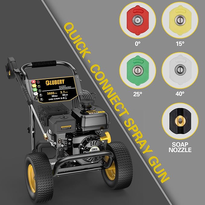 BLUBERY Gas Pressure Washer, 3600 PSI Pressure Washer,2.7 GPM Heavy Duty Power Washer, 30 feet Pressure Hose&Soap Tank,4-Stroke OHV 212cc Engine,Portable Industrial Style,Black