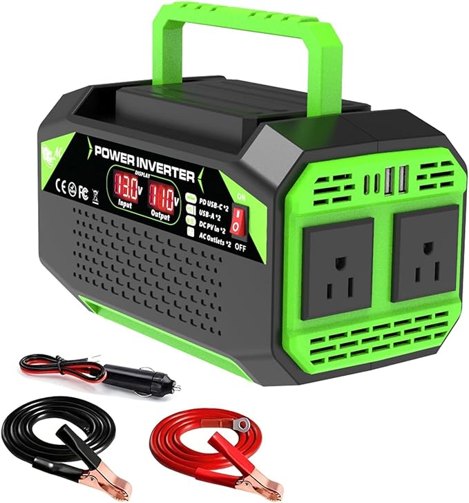 600W Power Inverter, 12V DC to 110V AC Converter with LED Display, 2 AC Outlets, 2 PD 25W Type-C, 2 QC 18W USB-A(4.2A),2 DC Port, for Road Trips Laptop Computer