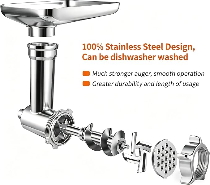 100% Stainless Steel Meat Grinder for KitchenAid Mixer, Dishwasher Safe | Includes 3 Sausage Stuffer Tubes & 4 Grinding Plates, Anti-Corrosion Polished Design(Not include the KitchenAid Mixer)