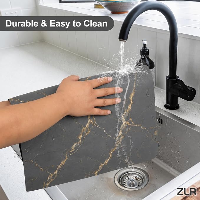 ZLR XXL Coffee Bar Mat for Barista Workstation, 20"x24", Marble Gray | Pro Home Cafe Station, Absorbent Dish Drying Mat, Stain-Hiding Top, Fits Multi-Appliance, Cup Display & Knock Box