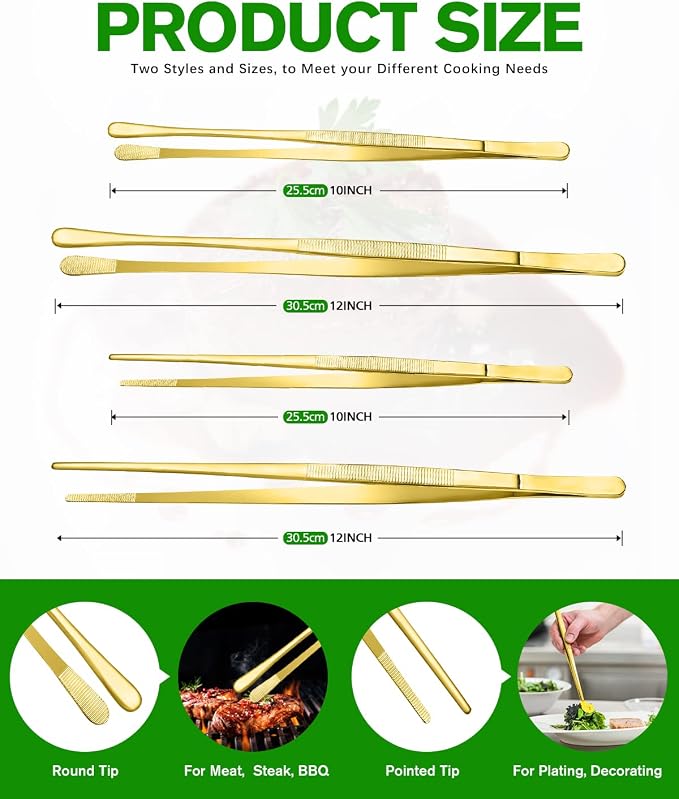 4 Pcs Fine Long Tweezer Tongs Professional Gold, 12'' and 10'' Stainless Steel for Kitchen, Food, Cooking, Repairing, Sea food and BBQ