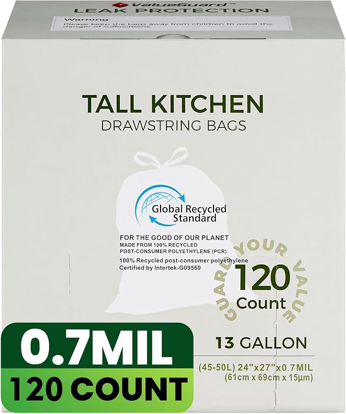 Large Trash Bag 13 Gallon Tall Drawstring 100% Post-Consumer Recycled Garbage Bag Waste Bag for Kitchen Office (120 Count, 0.7 Mil)