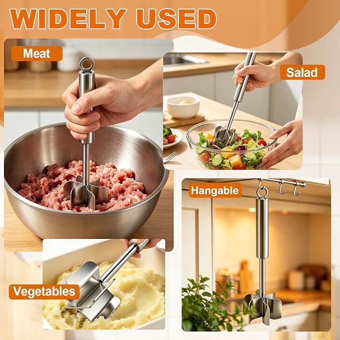 Meat Masher Dishwasher Safe, 304 Stainless Steel Meat Chopper,6-Blade Swirl Ground Beef Smasher,10 Inch Heavy Duty Potato & Hamburger Masher Tool (with Brush)