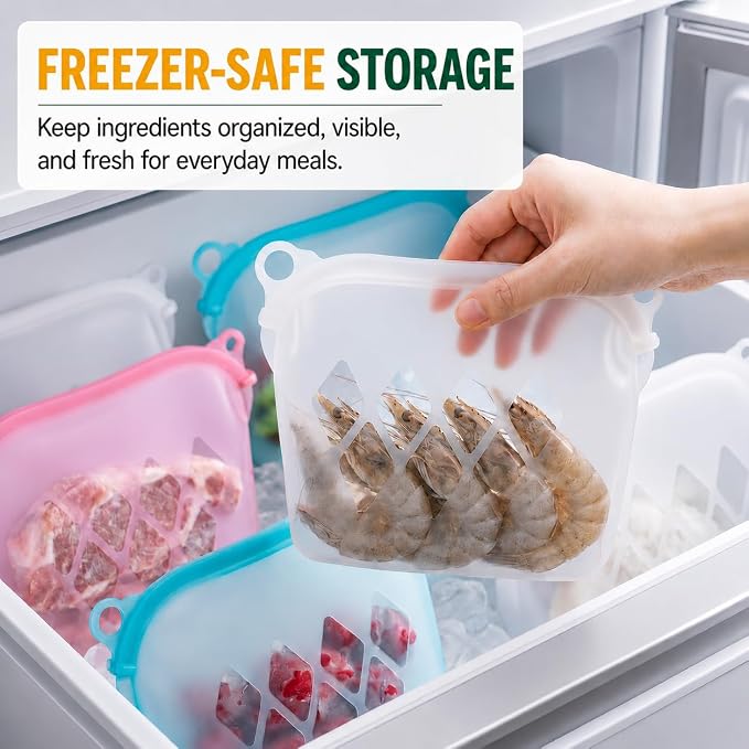 Yosmer Reusable Silicone Food Storage Bag, 50oz/1500ml Food-Grade Silicone Stand-Up Bag with Magnetic Self-Sealing Opening, Clear Windows, Freezer & Dishwasher Safe, White, 1 Pack