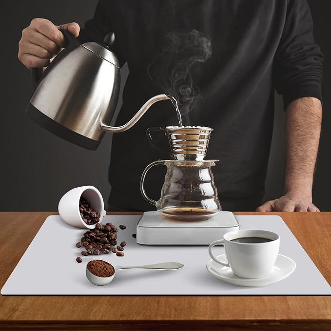 ZLR Coffee Bar Mat for Keurig & Nespresso, 12"x16" Small, Light Gray | Absorbent Dish Drying Mat, Stain-Hiding PU Leather Top, Non-Slip Rubber Back, Heat-Resistant, Fits Frother & Pour-Over