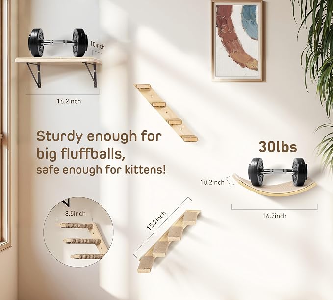 Cat Wall Shelves Set with Sisal Cats Window Perch, 4 Piece Wood Climbing Furniture with Curved Sisal Bed, Flat Shelf & Two Wall-Mounted 4 Steps Cat Stairs