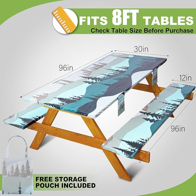 Fitted Picnic Table Cover with Bench Covers Waterproof Elastic Edges Rectangle Patio Tablecloth Outdoor Camping Essentials Stuff Rv Accessories Summer Trip Travel Supplies Party Camper Gifts, 8 ft