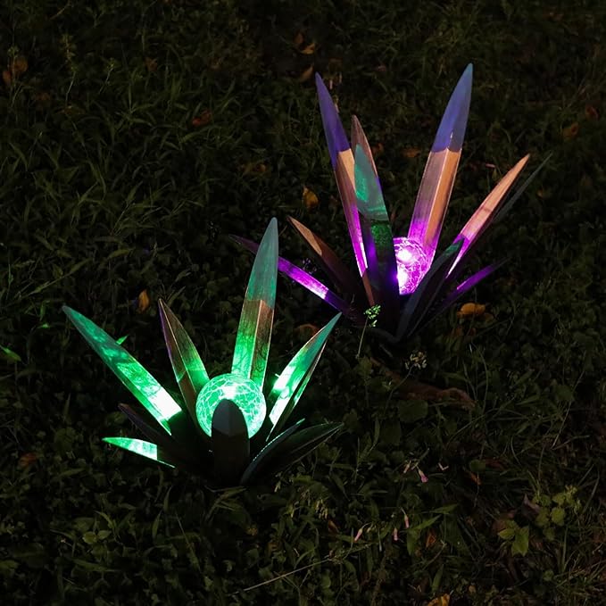 Metal Agave Plant Garden Art, 2 Pack Big Tequila Rustic Sculpture, Rustic Metal Agave Plants Lawn Home Ornaments, for Yard Stakes, Garden Figurines, Outdoor Patio (2 PCS Colorful with Light)
