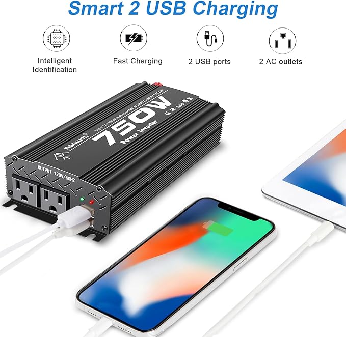 12V to 110V Inverter - 750W Car Inverter with 2 AC Outlets & 2 USB Ports for Trucks & Various Vehicles