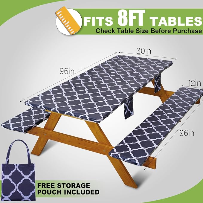 Fitted Picnic Table Cover with Bench Covers Waterproof Elastic Edges Rectangle Patio Tablecloth Outdoor Camping Essentials Stuff Rv Accessories Summer Trip Travel Supplies Party Camper Gifts, 8 ft