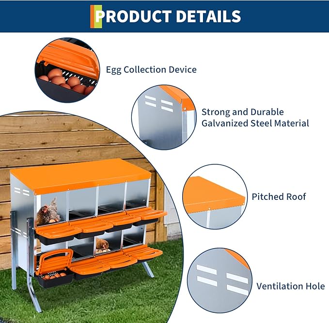 8-Compartments Chicken Nesting Boxes with Roll Out Egg Collection and Large Vented Holes,Metal Nesting Boxes for Chickens, Hens, Ducks,Wall Mount/Freestanding Poultry,Orange