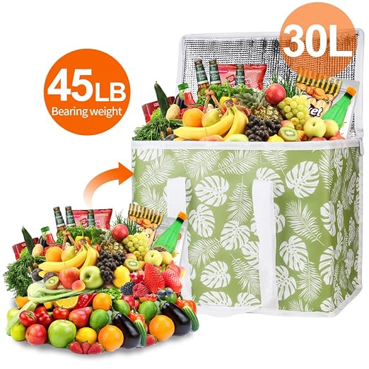 Bodaon 3-Pack Insulated Reusable Grocery Shopping Bags, X-Large Picnic Cooler Bag with Secure Top Cold, Green-Leaf