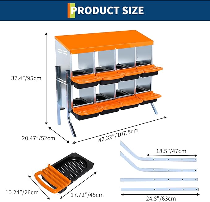 8-Compartments Chicken Nesting Boxes with Roll Out Egg Collection and Large Vented Holes,Metal Nesting Boxes for Chickens, Hens, Ducks,Wall Mount/Freestanding Poultry,Orange