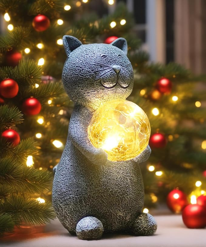 Solar Cat Statue Garden Decor - Cat Lover Gifts, with Gazing Solar LED Lights Ball Cats Decoration for Garden Yard Patio Lawn Balcony - Gifts for Mom Grandma (Gray)