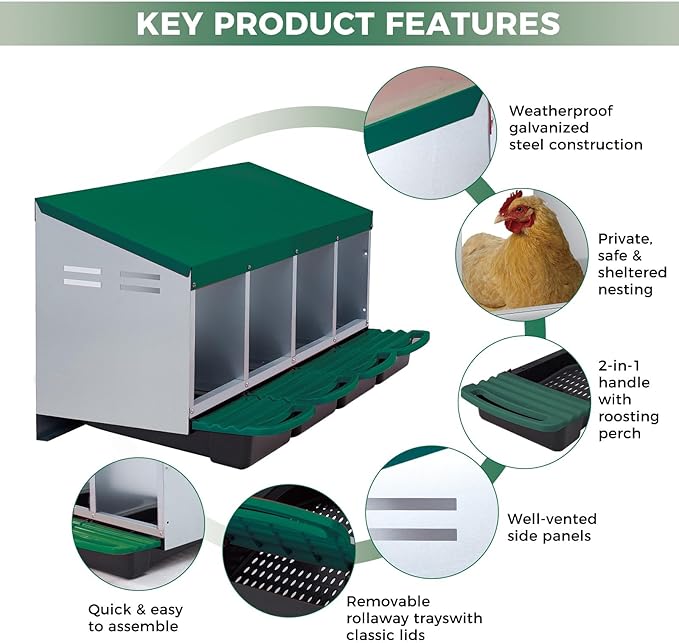 Chicken Nesting Boxes with Rollout Egg Collection – 4-Compartment Metal Hen Nest Box with Removable Trays, Slanted Roof & Ventilation, Wall Mount or Standing for Backyard Poultry Coop, Green