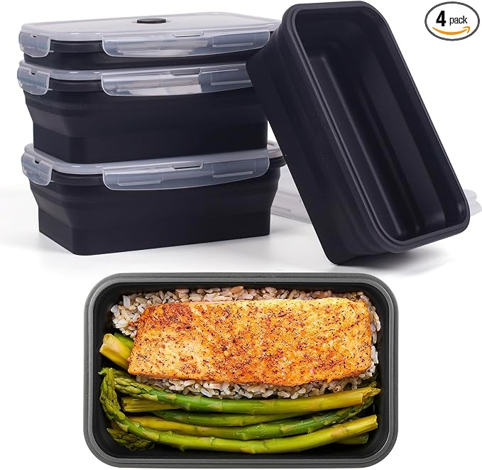 Collapsible Food Storage Containers with Lids, 4 Pack, 40 oz Silicone 1-Compartment Meal Prep Containers Reusable, Lunch Bento Boxes for Adults, Microwave Freezer Dishwasher Safe, BPA-Free, Black