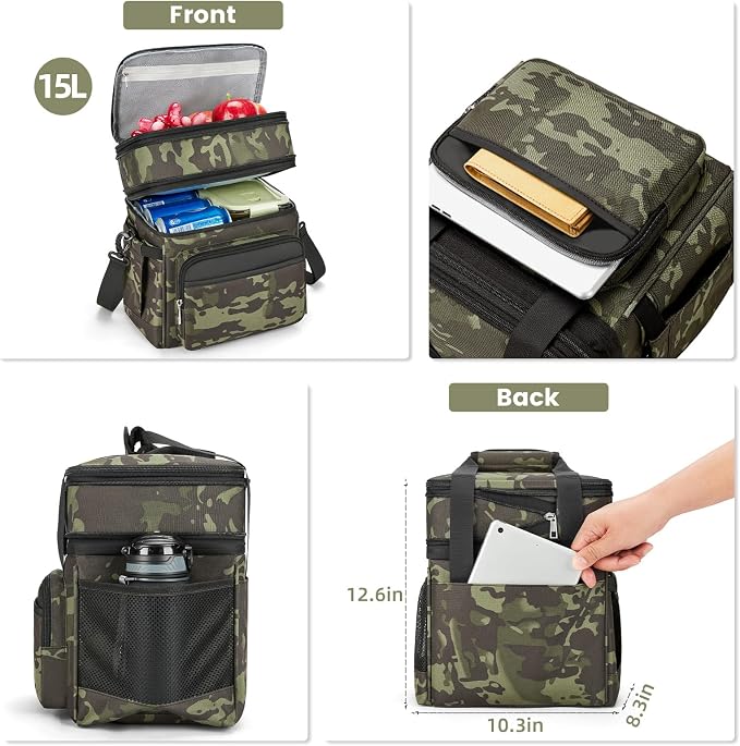 holuxer Insulated Lunch Bag & Lunch Box for Men - Double Deck Reusable Lunch Bag for Women Tote Cooler Bag Leakproof Soft Expandable - Large Lunchbox for Work/Adult/Picnic/Outdoor (Camo,15L)