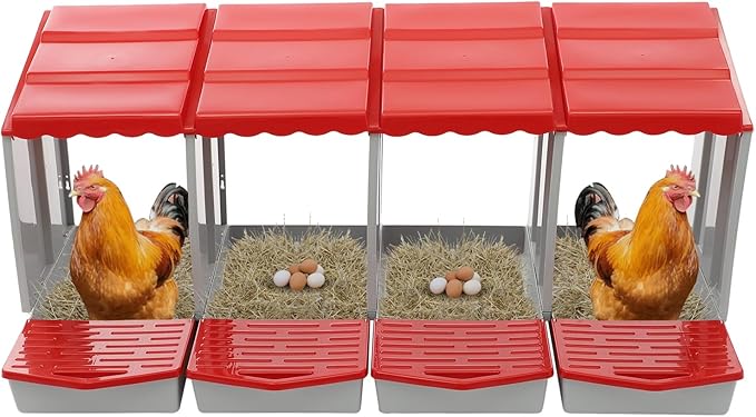 Chicken Nesting Boxes 4 Compartment PP Nesting Box with Inclined Nesting Boxes & Vented Holes Wall Mount Chicken Laying Boxes for Chicken Coop (Red)