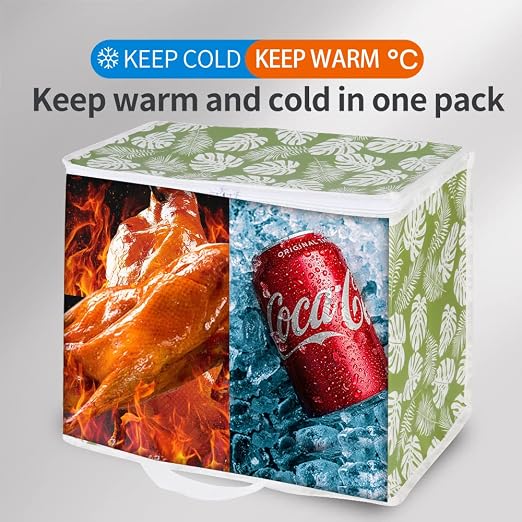 Bodaon 2-Pack Insulated Reusable Grocery Shopping Bags, X-Large Picnic Cooler Bag with Zipper Zippered Top Cold, Green-Leaf | Secure Zippered Top Warmer, Heavy Duty Insulated Food Delivery Bag, For Commercial Catering Rideshare Driver/Picnic, Foldable