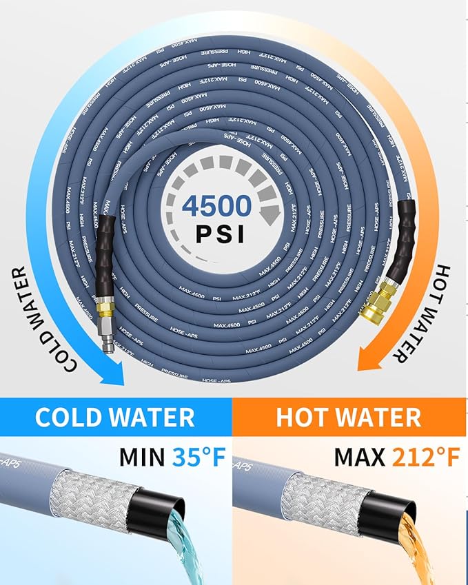 Pressure Washer Hose 75FT 3/8" for Cold and Hot Water 212°F, with Swivel Quick Connect, 4500PSI Kink Resistant Grade Steel Wire Braided, Power Washer Hose With 2pcs M22-14mm Adapter
