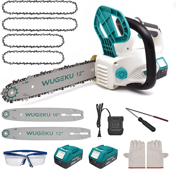 12" & 10" Electric Chainsaw Cordless, 20V Brushless Battery Chainsaws with 2 x 4.0AH Batteries - 4 x Chains, Auto Oiler, Tool-Free Chain Tension, Safety Lock