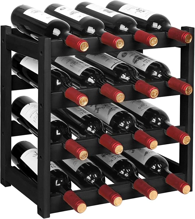 VASMIA Wine Rack, 4-Tier Bamboo Wine Racks Countertop,Sturdy and Durable Wine Storage Cabinet Shelf,16 Bottles Wine Holder for Kitchen Pantry, Black