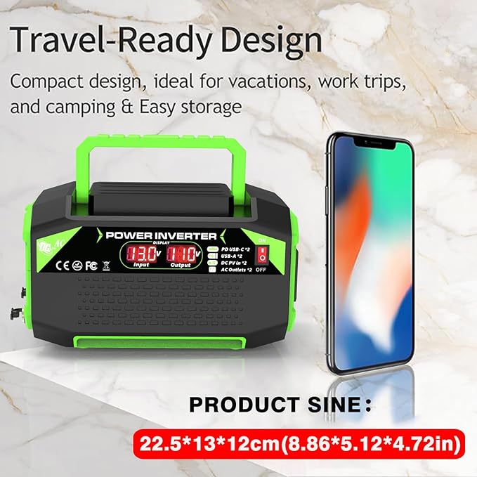600W Power Inverter, 12V DC to 110V AC Converter with LED Display, 2 AC Outlets, 2 PD 25W Type-C, 2 QC 18W USB-A(4.2A),2 DC Port, for Road Trips Laptop Computer