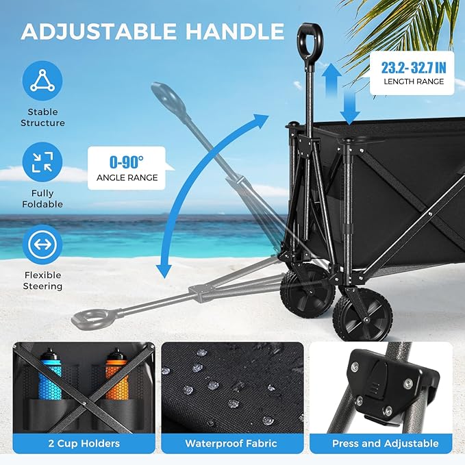 Collapsible Wagon Carts with Large Capacity, Utility Beach Wagons Heavy Duty Foldable,Side Pockets,300lb Load-Bearing Outdoor for Camping, Garden, Sports, Picnic, Shopping-Black U-Black