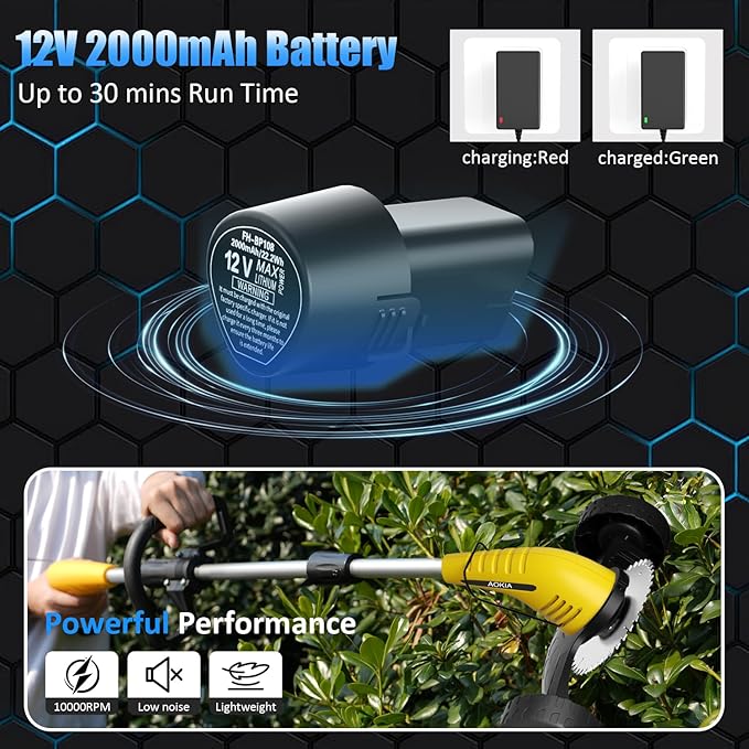 Electric Weed Wacker Cordless: String Trimmer with Roller 2Types Blades - 2.0Ah 12V Battery Powered Lightweight Grass Cutter/Mower for Yard and Garden, Yellow