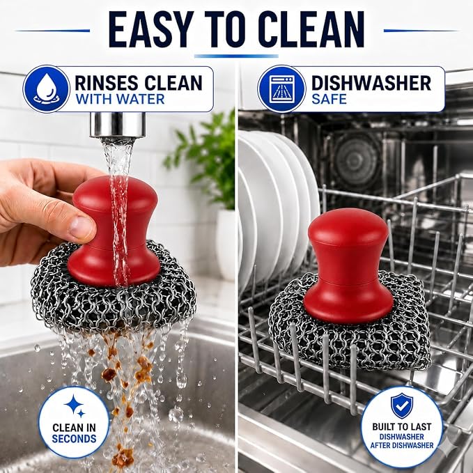 Cast Iron Scrubber and Scraper | 316 Chainmail Scrubber for Cast Iron Pan | Chain Mail Scrubber for Cast Iron Skillet Cleaner | Dishes Pots Wok Griddle Grill | Dish Scouring Pad Dishwasher Safe, Red1