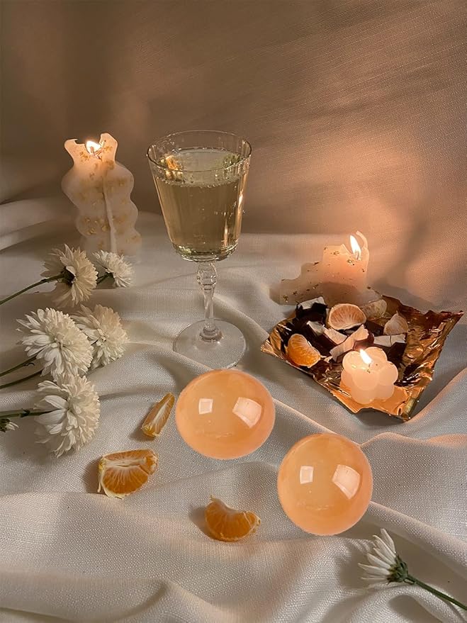 JIC Gem Stripe Orange Calcite Sphere Ball 3.5inch with Wood Stand for Fengshui Healing and Decoration