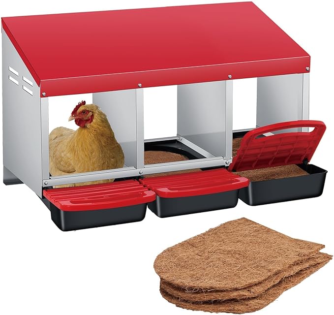 3 Compartment Metal Chicken Nesting Box, Includes 3 Soft Hay Mats, Automatic Roll-Out Egg Collection, Waterproof Galvanized Steel Laying Box with Perch & Wall Mount, for Hens Ducks Rabbits