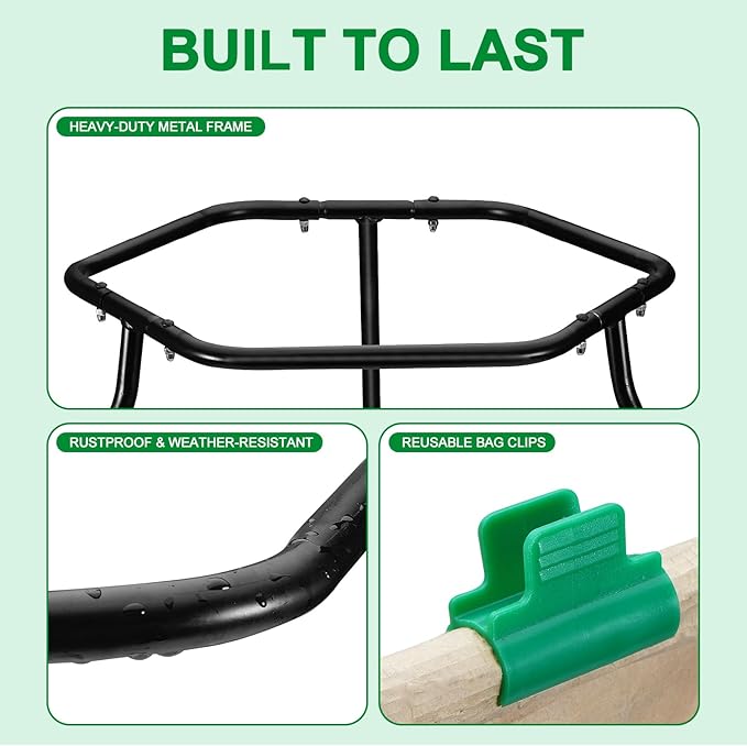 Aobiono Trash Leaf Bag Holder Stand, Garbage Bag Support Frame for 30-55 Gallon Lawn Bags, for Yard Kitchen Garden Outdoor Camping Waste, with Reusable Bag Clips, Heavy Duty (Black)