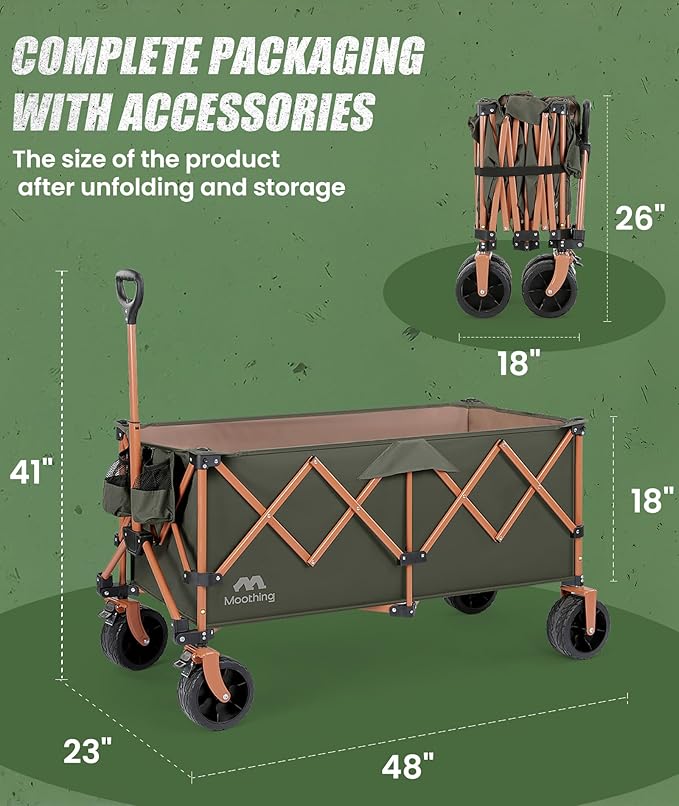 48”L Foldable Wagons Carts Extended, Collapsible Folding Wagon 500lbs Heavy Duty, 320L Large Beach Wagon, Utility Wagon with All Terrain Big Wheels for Sports, Camping, Grocery, Garden, Green