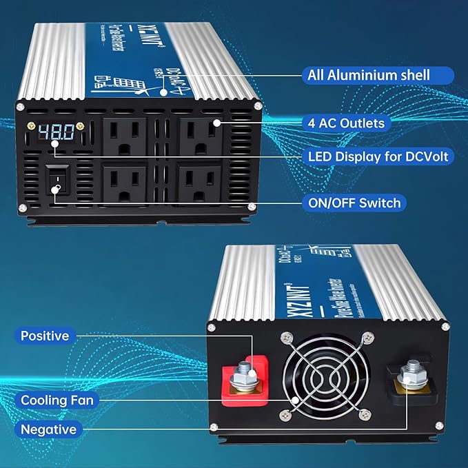 1800W Pure Sine Wave Inverter DC 48V to AC 120V, 3600W Peak Power with LED Display, Power Converter for Car, Truck, Solar, Home & Rechargeable Devices