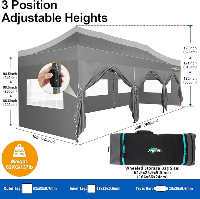 COBIZI 10x30 Pop up Canopy Tent 10x30 Canopy with 8 Sidewalls Waterproof Heavy Duty Commercial Canopy Tent for Parties Outdoor Tent Garden Gazebo Tent, Carry Bag with Wheel(10x30ft, Gray)