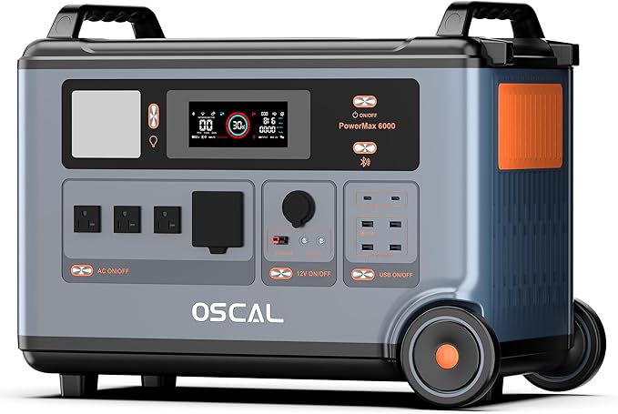 OSCAL PowerMax 6000 Solar Generator, 120/240V Split Phase Voltage 6000W AC Outlets (7200W Peak), 3600Wh LFP Battery Power Station, Expandable to 57.6kWh, 2200W/1.96H Fast Charging for Home, Emergency