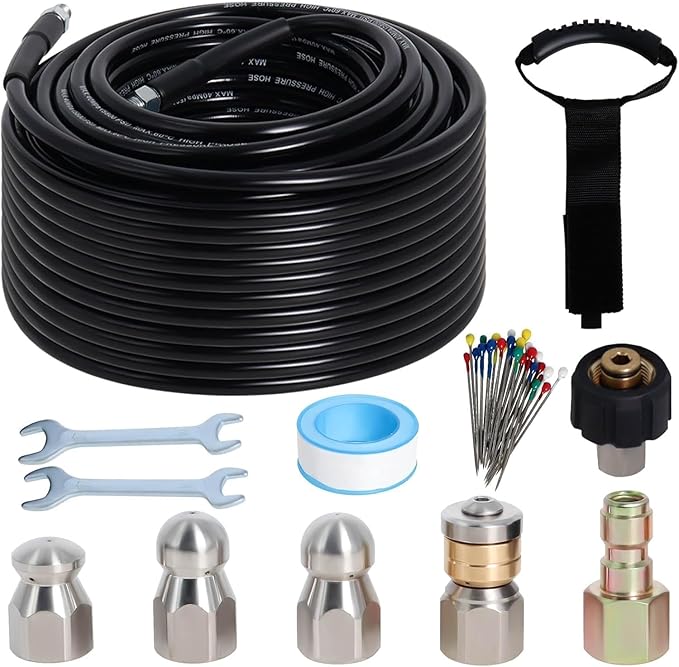 50FT Sewer Jetter Kit for Pressure Washer, 5800PSI Water Jet Durable Drain Cleaner Hose 1/4 Inch NPT Corner with 4 Specialized Nozzles,Waterproof Tape, Pearl Corsage Pin, Handle Strap & 2 Spanners