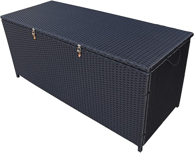 Oakland Living Dark Black Indoor and Outdoor Balcony Patio Deck Porch Pool 113 Gallon Wicker Storage Box Trunk Bin with Metal Frame