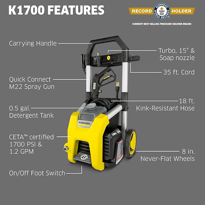 Kärcher Pressure Washer K1700, CETA Certified, 3 Spray Nozzles, Detergent Tank, for Cars, Driveways, Siding, Patios, 1.2 max. GPM