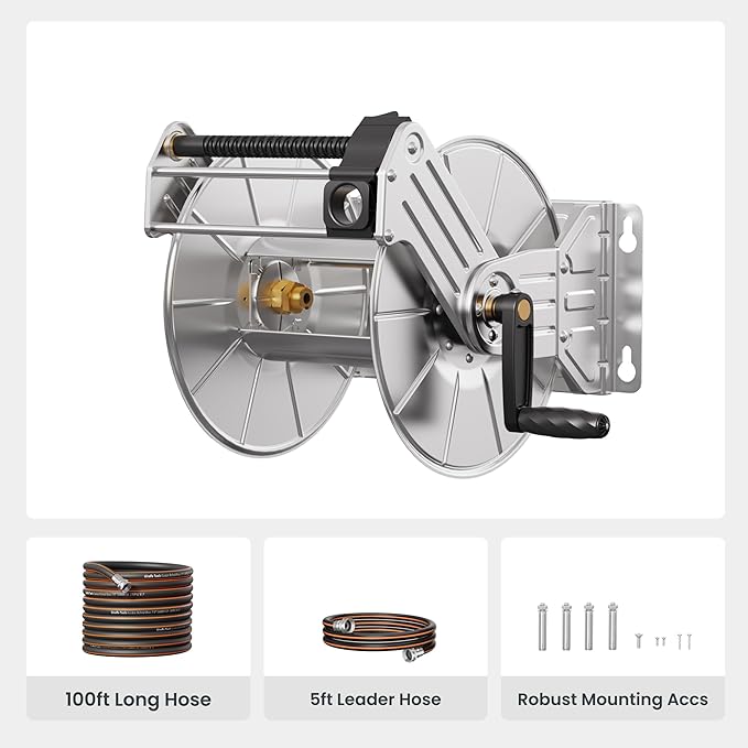 Giraffe Tools Stainless Steel Garden Hose Reel with 5/8" x 100 ft Heavy Duty Hose, Wall/Floor Mounted Metal Water Hose Reel with Crank Handle
