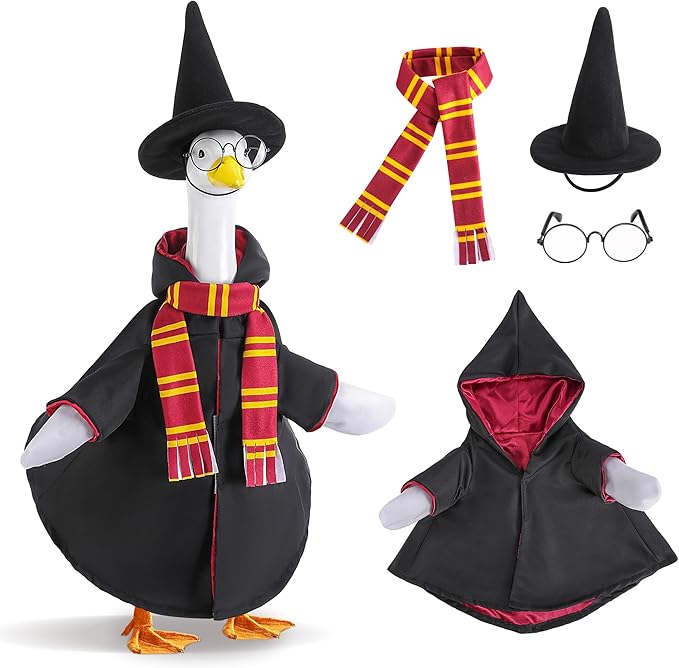 4 Pcs/Set Halloween Witch Goose Outfits, Lawn Porch Goose Statue Wizard Costume, Garden Goose Witches Clothes with Hat Scarf Glasses for 23" Statue Halloween Fall Christmas Outdoor Patio Yard Decor