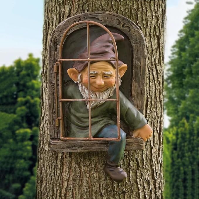 Gnome Statue Tree Face Outside Yard Art Outdoor Statue, 12 Inch Elf Out of The Window Tree Decor and Yard Decorations, Whimsical Gnomes Garden Sculptures & Statues, Fairy Tree Peeker Ornaments