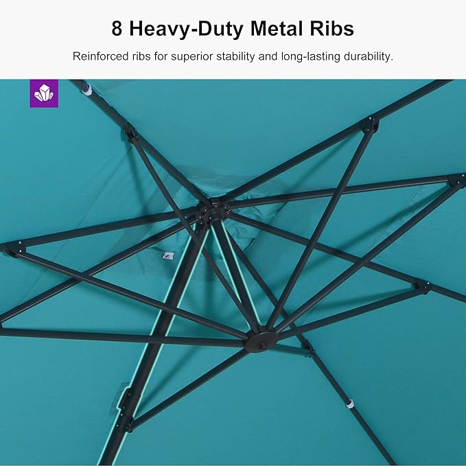 PURPLE LEAF 9' × 11.5' Patio Cantilever Umbrella with Base Outdoor Rectangle Adjustable Offset Umbrellas with 360-degree Rotation and 8 Heavy Duty Metal Ribs for Garden Deck Pool Turquoise Blue