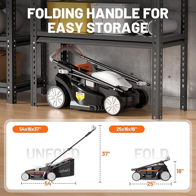 Litheli 13.4inch Electric Lawn Mower Cordless,Grass Cutter Machine for 2600 Sq.Ft.Lawnmower with Brushless Motor, 8 Gallon Capacity, Cutting Height from 1 to 2.5 in, Includes 2X4.0 Ah Battery.