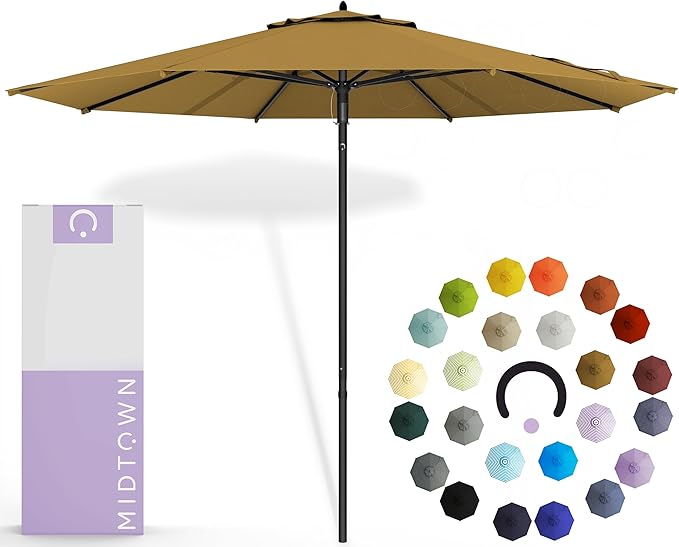 Midtown Umbrellas Push and Pop 10 Feet Outdoor Umbrella, Sand (Tan) Polyester Fabric - Fiberglass Ribs Deck Patio Umbrella, Backyard Umbrella, Garden Umbrella & Pool Umbrella - Black Pole
